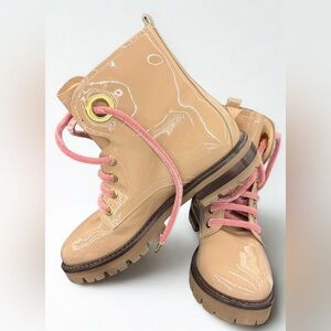 AGL Women's Beige Patent Leather Combat Boots